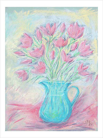 DELICATE PINK FLOWERS IN A BLUE GLASS JUG floral art print