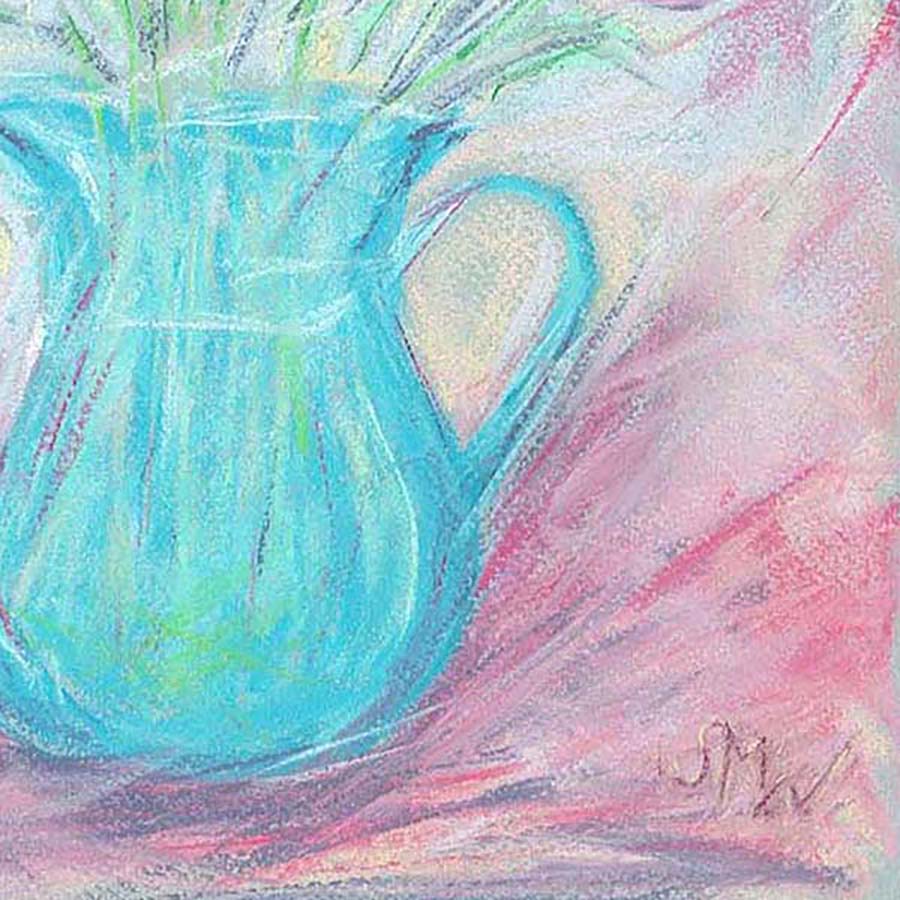 DELICATE PINK FLOWERS IN A BLUE GLASS JUG floral art print