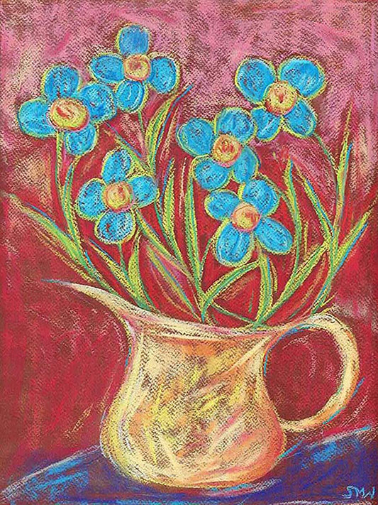 BLUE FLOWERS IN A GOLD JUG floral art print