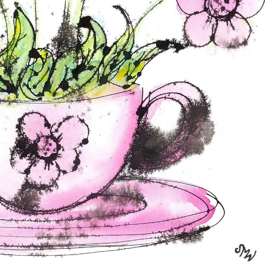 Detail of Flowery Frothy Coffee, a fun floral painting of lively pink daisy-type flowers in a pink cup and saucer by artist Susan Marie Williams