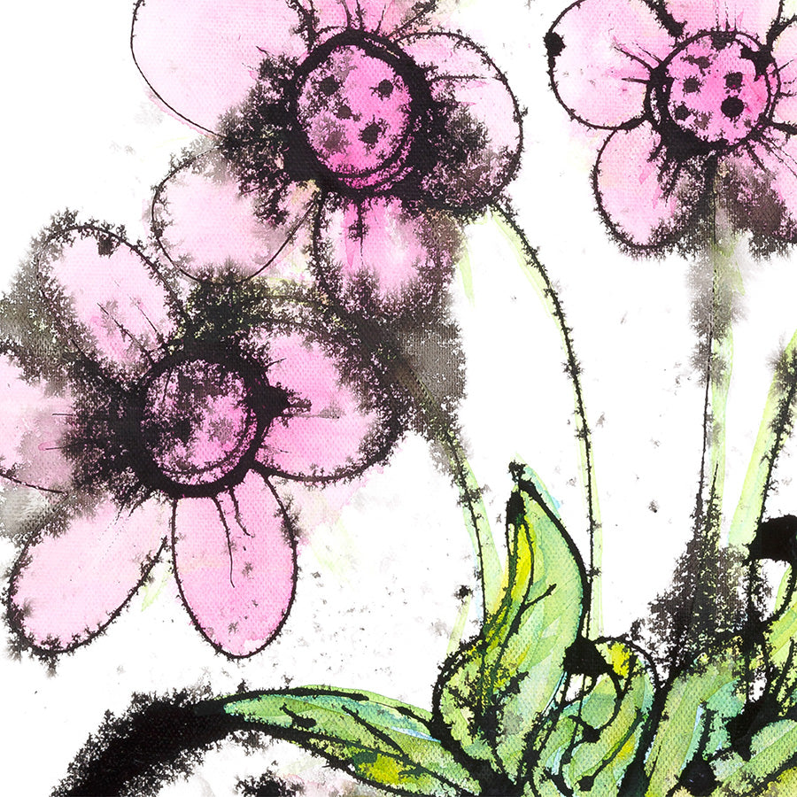 Detail of Flowery Frothy Coffee, a fun floral painting of lively pink daisy-type flowers in a pink cup and saucer by artist Susan Marie Williams