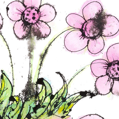 Detail of Flowery Frothy Coffee, a fun floral painting of lively pink daisy-type flowers in a pink cup and saucer by artist Susan Marie Williams