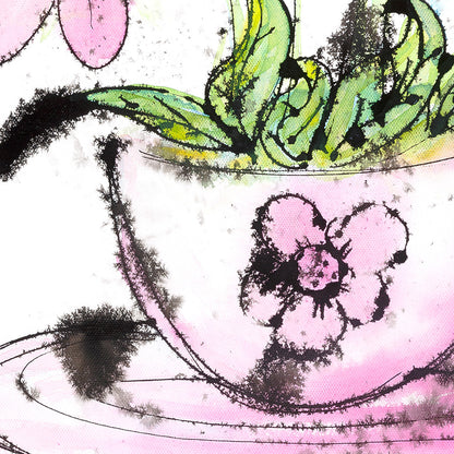 Detail of Flowery Frothy Coffee, a fun floral painting of lively pink daisy-type flowers in a pink cup and saucer by artist Susan Marie Williams