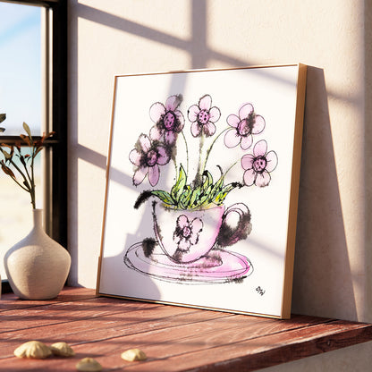 FLOWERY FROTHY COFFEE floral art print