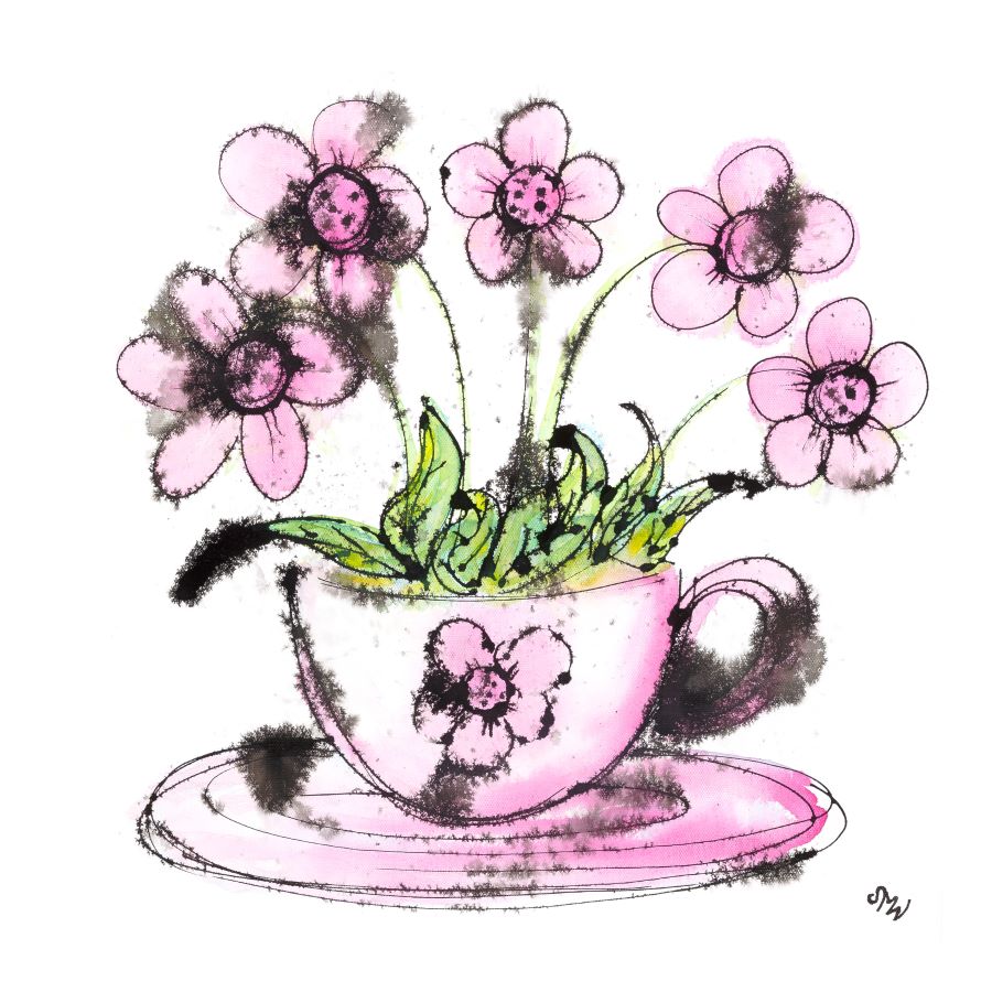 Flowery Frothy Coffee, a fun floral painting of lively pink daisy-type flowers in a pink cup and saucer by artist Susan Marie Williams