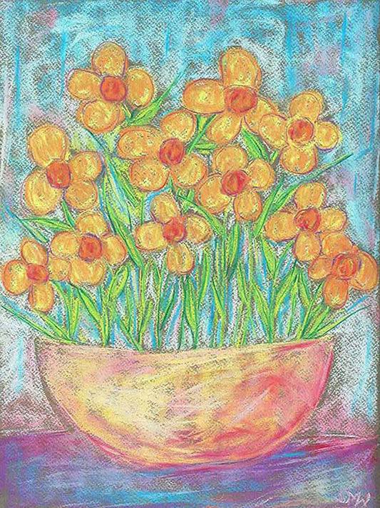 YELLOW FLOWERS IN A TERRACOTTA BOWL floral art print