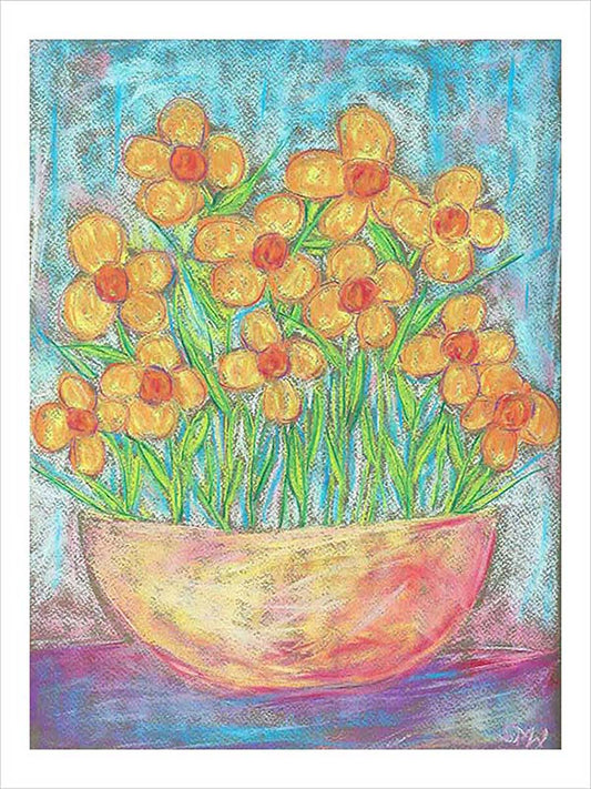 YELLOW FLOWERS IN A TERRACOTTA BOWL floral art print