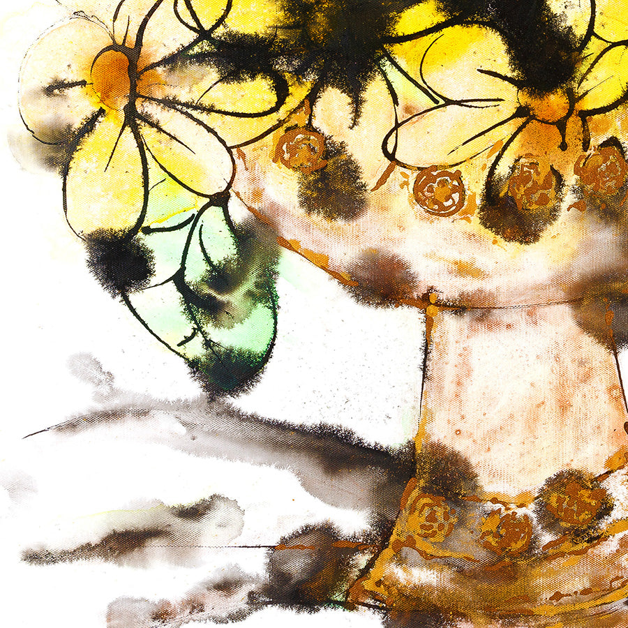 Detail of King Arthur's Chalice, a painting of yellow flowers in a vase by artist Susan Marie Williams