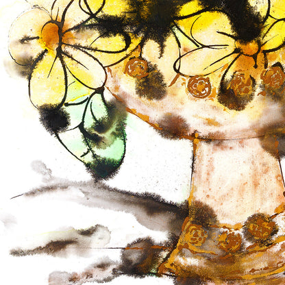 Detail of King Arthur's Chalice, a painting of yellow flowers in a vase by artist Susan Marie Williams