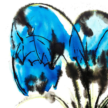 Detail of Music Clear and Blue, a painting of blue bell flowers in a glass vase by artist Susan Marie Williams