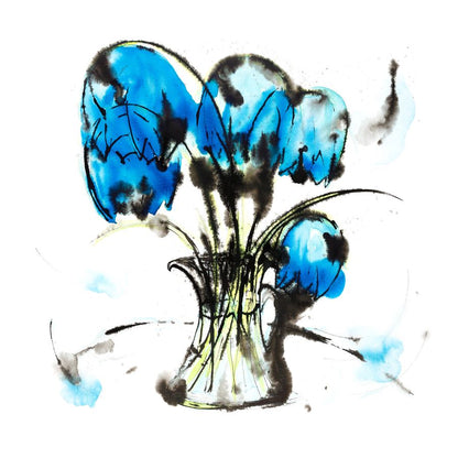 Music Clear and Blue, a painting of blue bell flowers in a glass vase by artist Susan Marie Williams