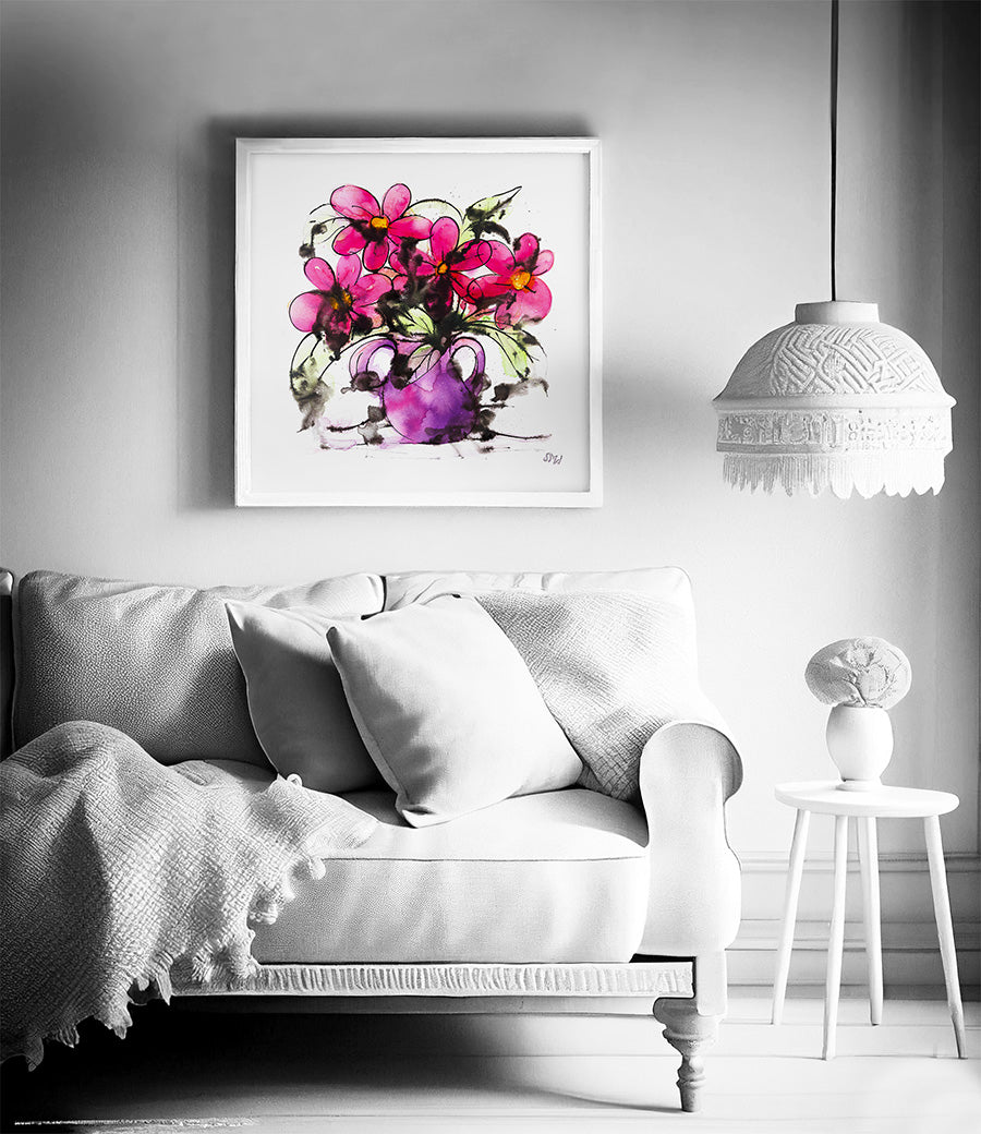 PINK FLOWERS IN A PURPLE VASE floral art print