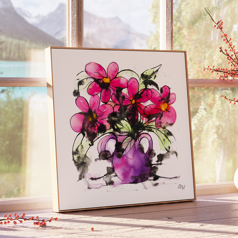 PINK FLOWERS IN A PURPLE VASE floral art print