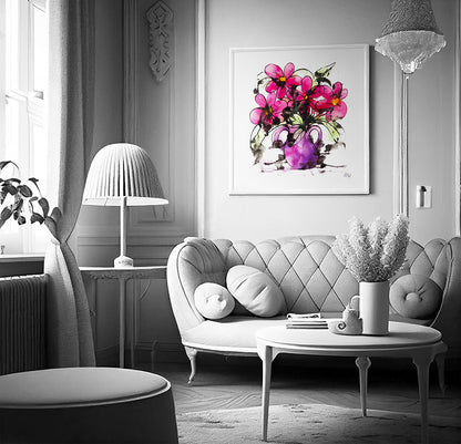 PINK FLOWERS IN A PURPLE VASE floral art print