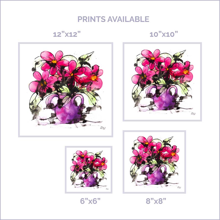 PINK FLOWERS IN A PURPLE VASE floral art print