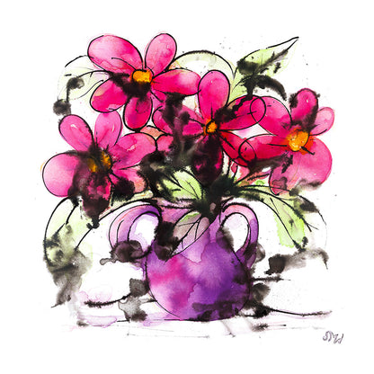 Pink Flowers in a Purple Vase, a floral painting by artist Susan Marie Williams