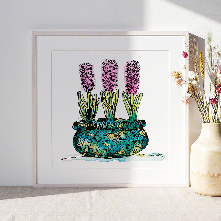 PINK HYACINTHS IN A RICH BLUE BASKET floral art print