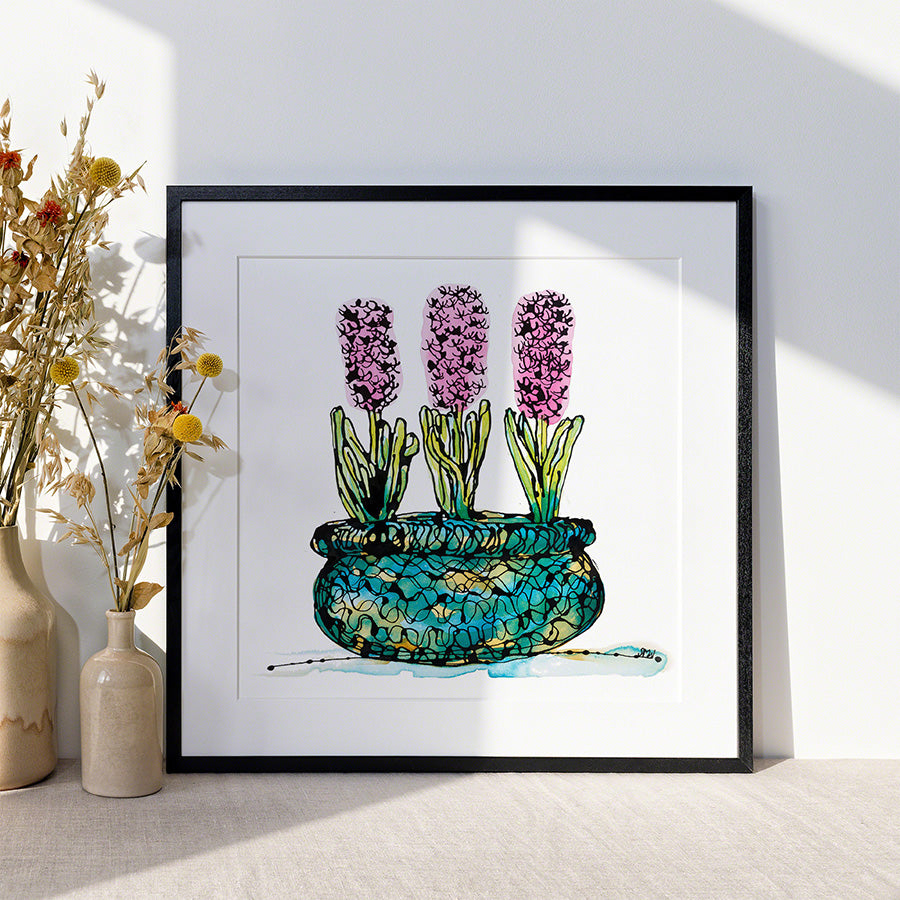 PINK HYACINTHS IN A RICH BLUE BASKET floral art print