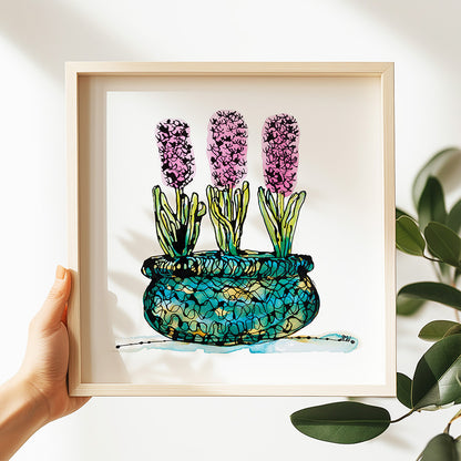 PINK HYACINTHS IN A RICH BLUE BASKET floral art print