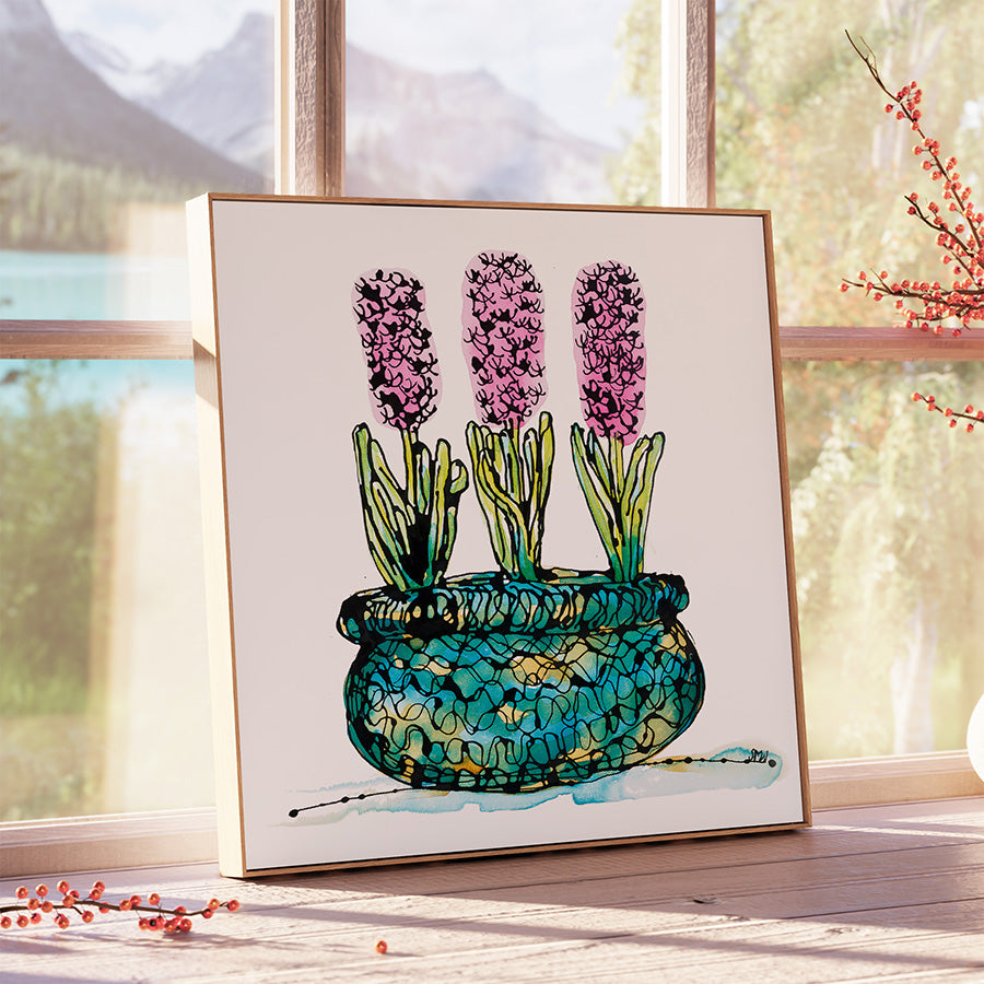 PINK HYACINTHS IN A RICH BLUE BASKET floral art print