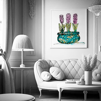 PINK HYACINTHS IN A RICH BLUE BASKET floral art print