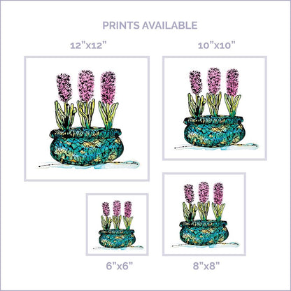 PINK HYACINTHS IN A RICH BLUE BASKET floral art print