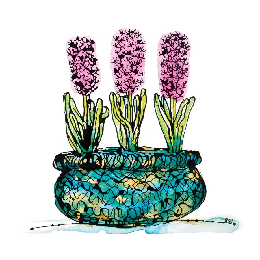 Pink Hyacinths in a Rich Blue Basket, a striking floral painting by artist Susan Marie Williams