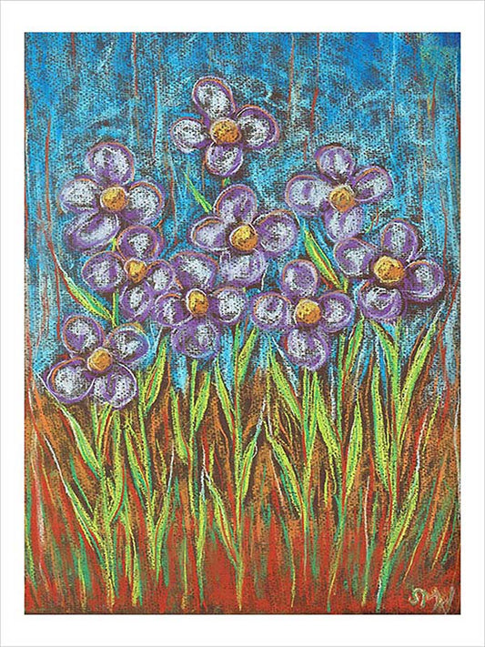 PURPLE FLOWERS ON A BLUE DAY floral art print