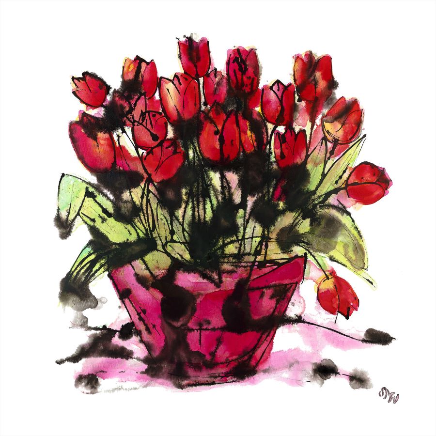 Red Tulips in a Pink Pot, a floral painting by artist Susan Marie Williams