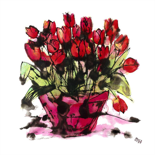 RED TULIPS IN A PINK POT floral art print