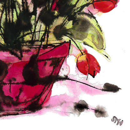 Detail of Red Tulips in a Pink Pot, a floral painting by artist Susan Marie Williams