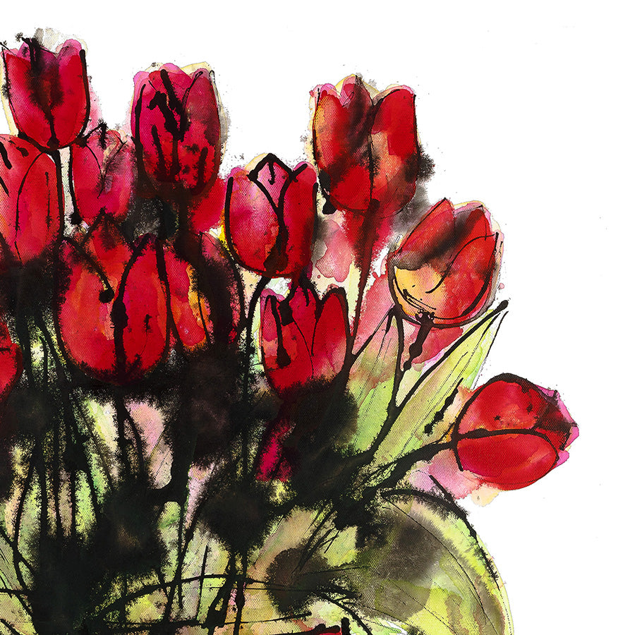 Detail of Red Tulips in a Pink Pot, a floral painting by artist Susan Marie Williams