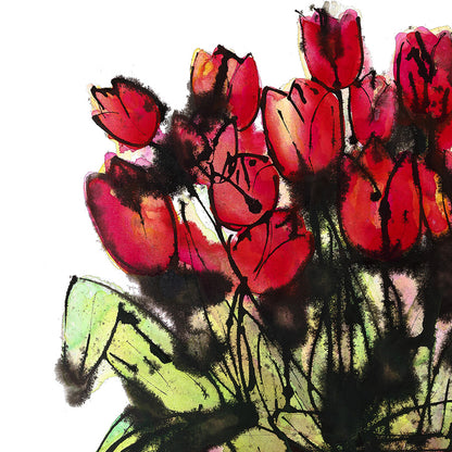 Detail of Red Tulips in a Pink Pot, a floral painting by artist Susan Marie Williams