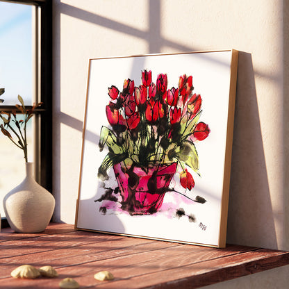 RED TULIPS IN A PINK POT floral art print