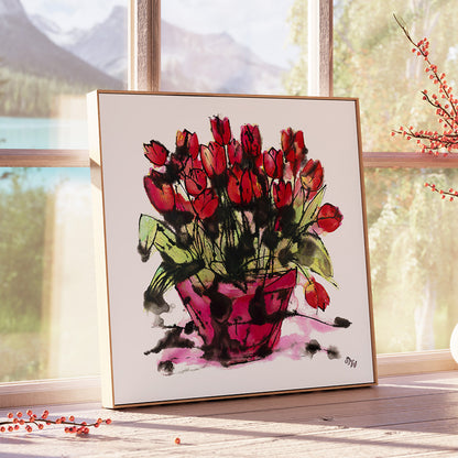 RED TULIPS IN A PINK POT floral art print