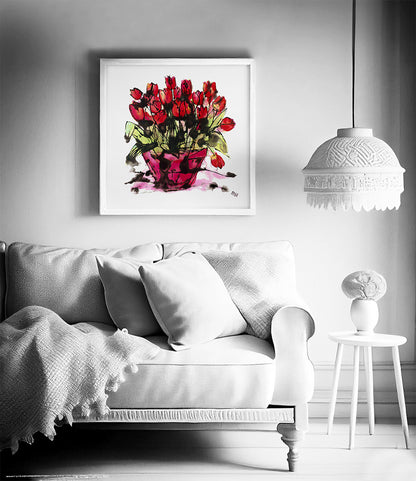 RED TULIPS IN A PINK POT floral art print