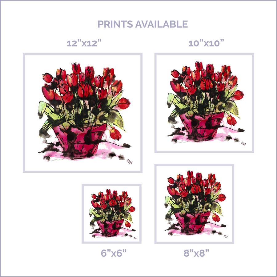 RED TULIPS IN A PINK POT floral art print