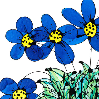 Detail of Seven Blue Flowers in a Turquoise Pot, a floral painting by artist Susan Marie Williams