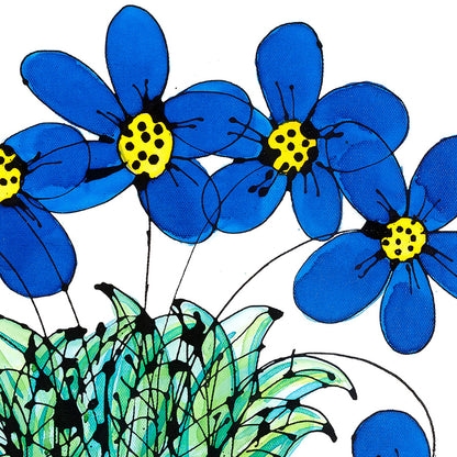 Detail of Seven Blue Flowers in a Turquoise Pot, a floral painting by artist Susan Marie Williams