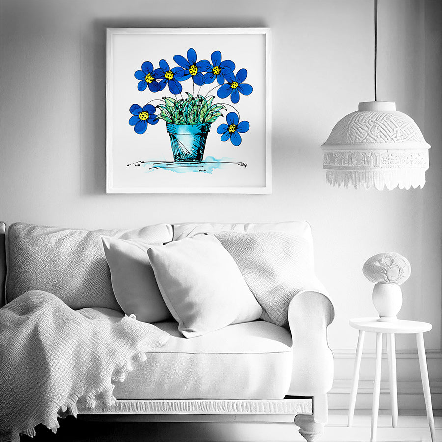 SEVEN BLUE FLOWERS IN A TURQUOISE POT floral art print