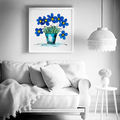 SEVEN BLUE FLOWERS IN A TURQUOISE POT floral art print