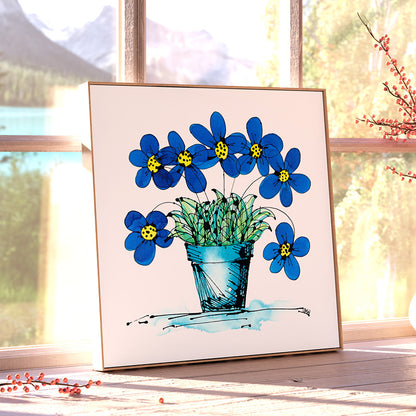 SEVEN BLUE FLOWERS IN A TURQUOISE POT floral art print