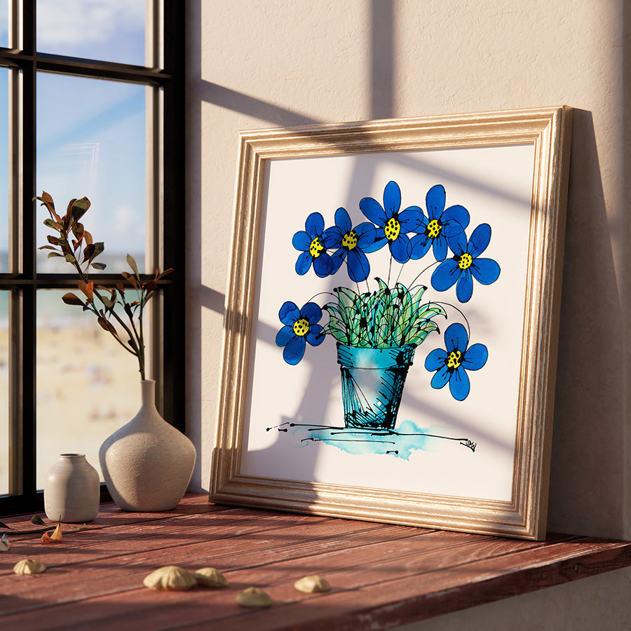 SEVEN BLUE FLOWERS IN A TURQUOISE POT floral art print