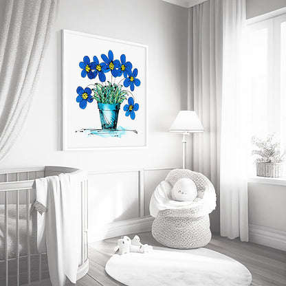 SEVEN BLUE FLOWERS IN A TURQUOISE POT floral art print