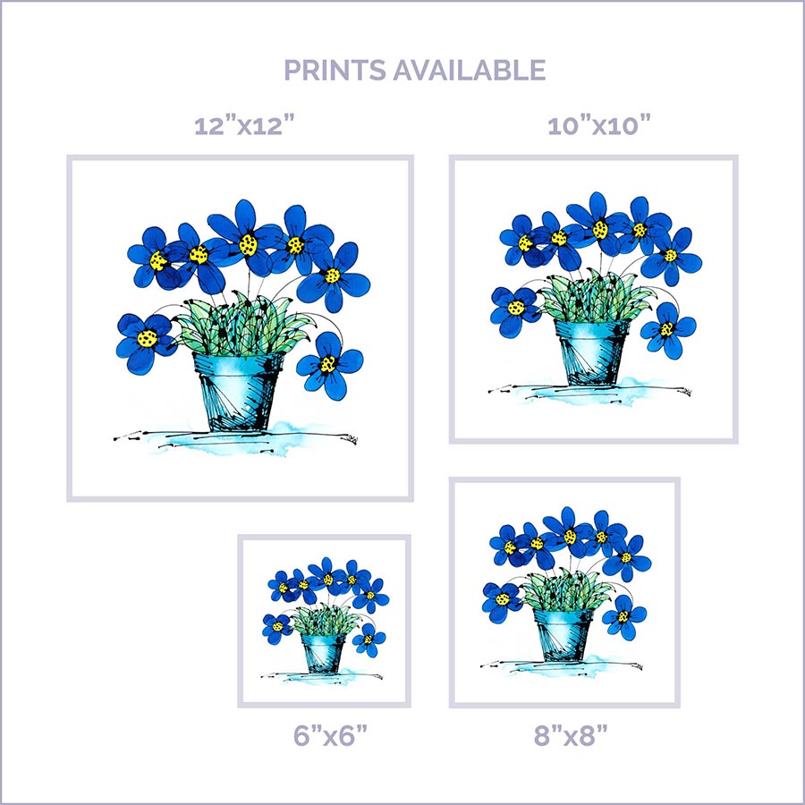 SEVEN BLUE FLOWERS IN A TURQUOISE POT floral art print