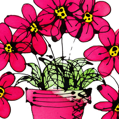 Detail of Seven Pink Flowers in a Cute Pink Pot, a bright floral painting by artist Susan Marie Williams