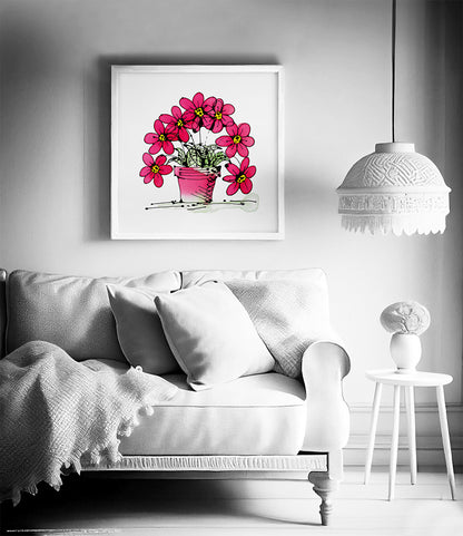 SEVEN PINK FLOWERS IN A CUTE PINK POT floral art print