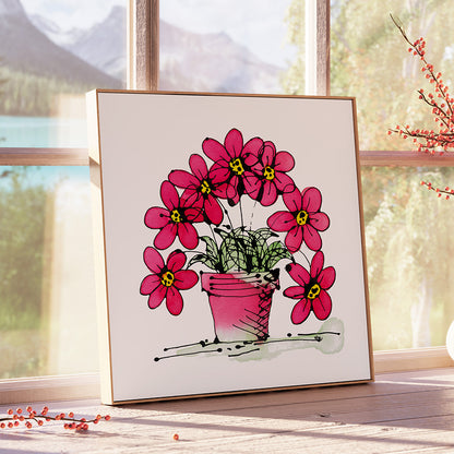 SEVEN PINK FLOWERS IN A CUTE PINK POT floral art print