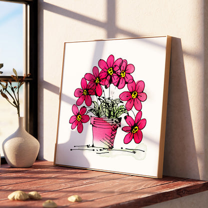 SEVEN PINK FLOWERS IN A CUTE PINK POT floral art print