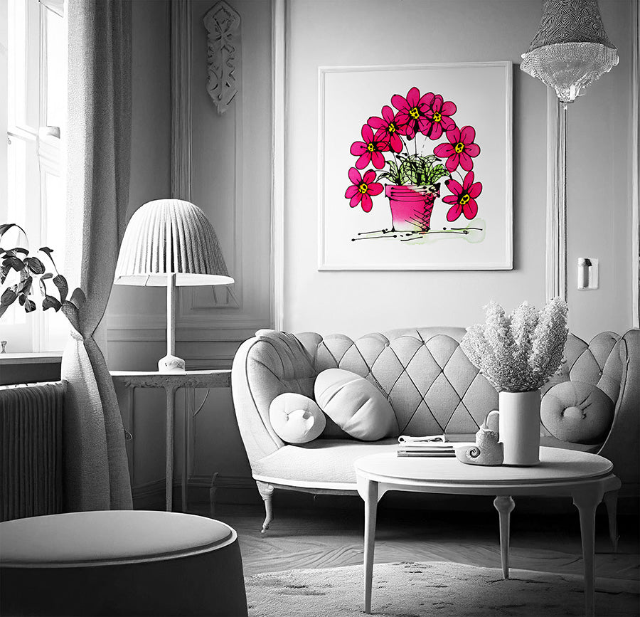 SEVEN PINK FLOWERS IN A CUTE PINK POT floral art print